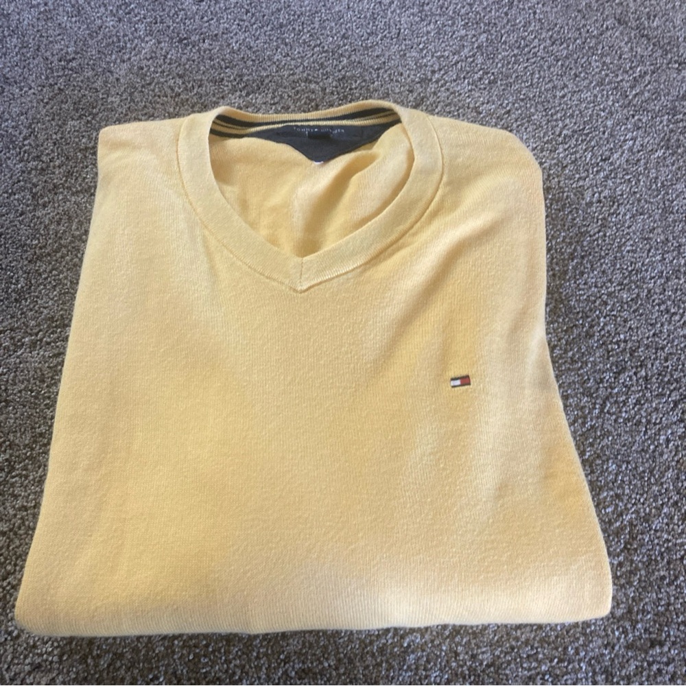 Tommy Hilfiger Mens Sweater Yellow XL Jumper VNeck Long Sleeve 💯 Percent Cotton
